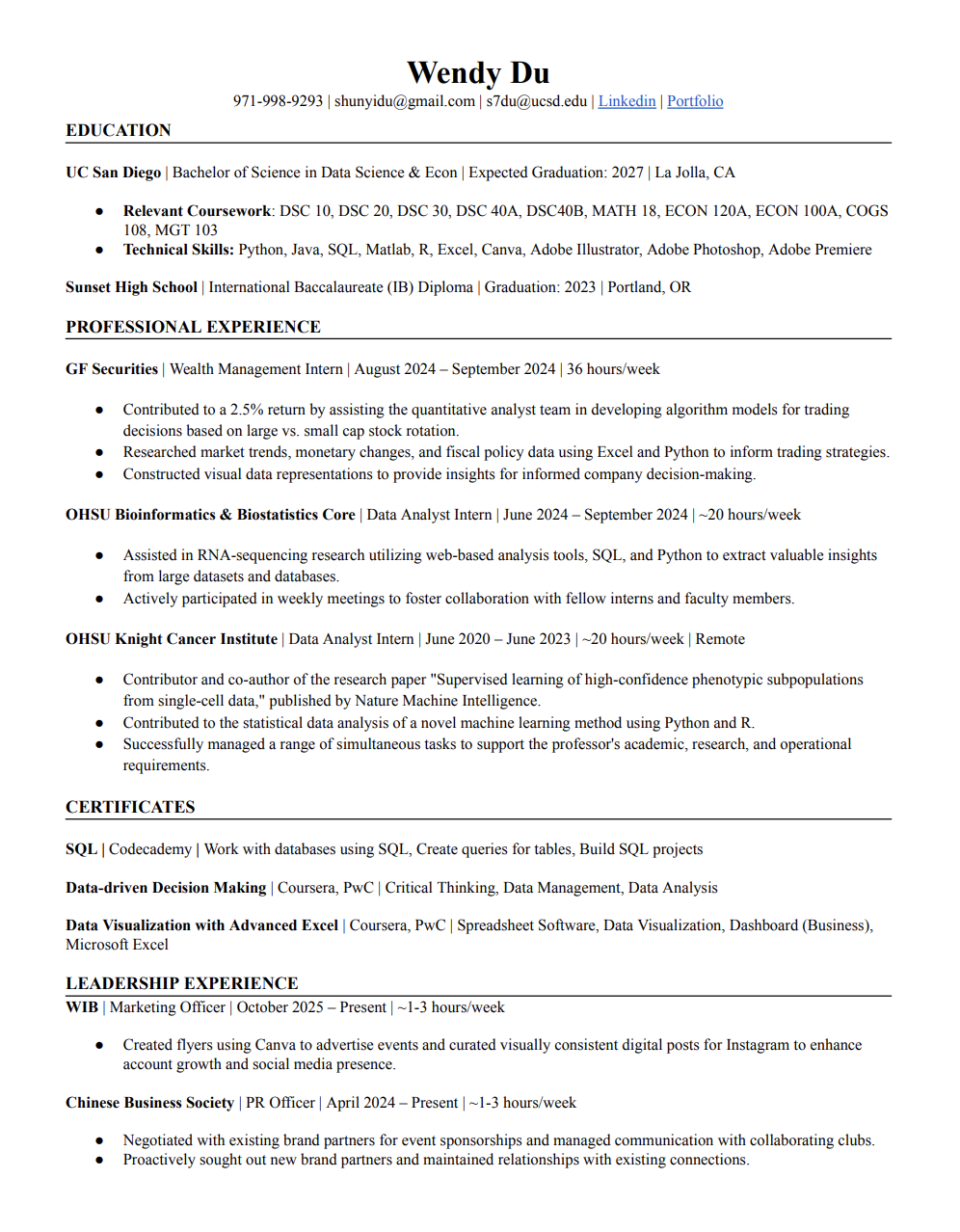 Wendy Du's Resume